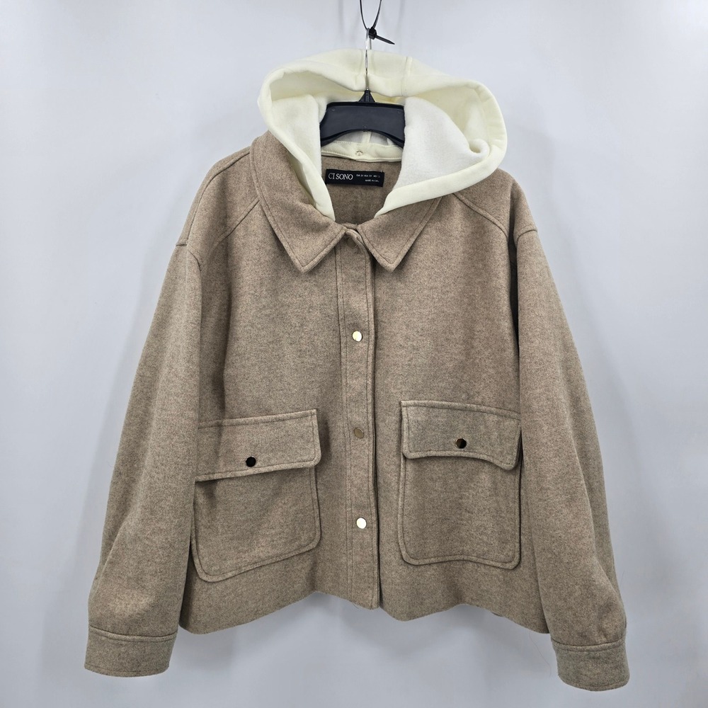 Ci Sono Coat Women 3X Camel Brown Hooded Shacket Snap Front Utility Pocket
